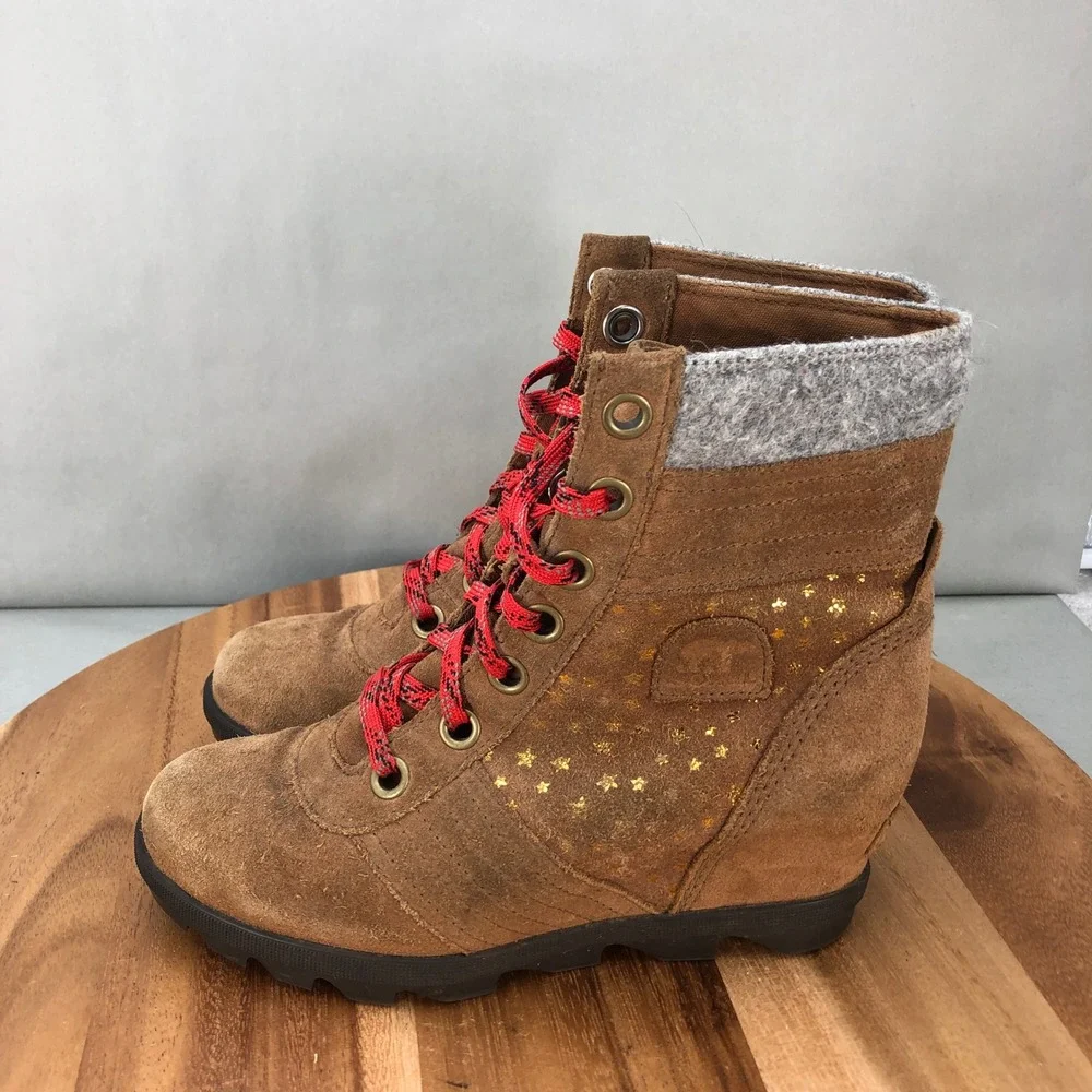 Sorel Lexie Wedge Booties Ankle Boots Suede Leather Brown Stars Girls Size 5
